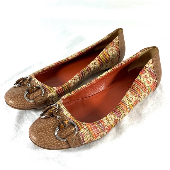 GUCCI Multi Tweed Raffia Tan Leather Cap Toe Horsebit Ballet Flats 38 - 8US - Picture 3 of 10